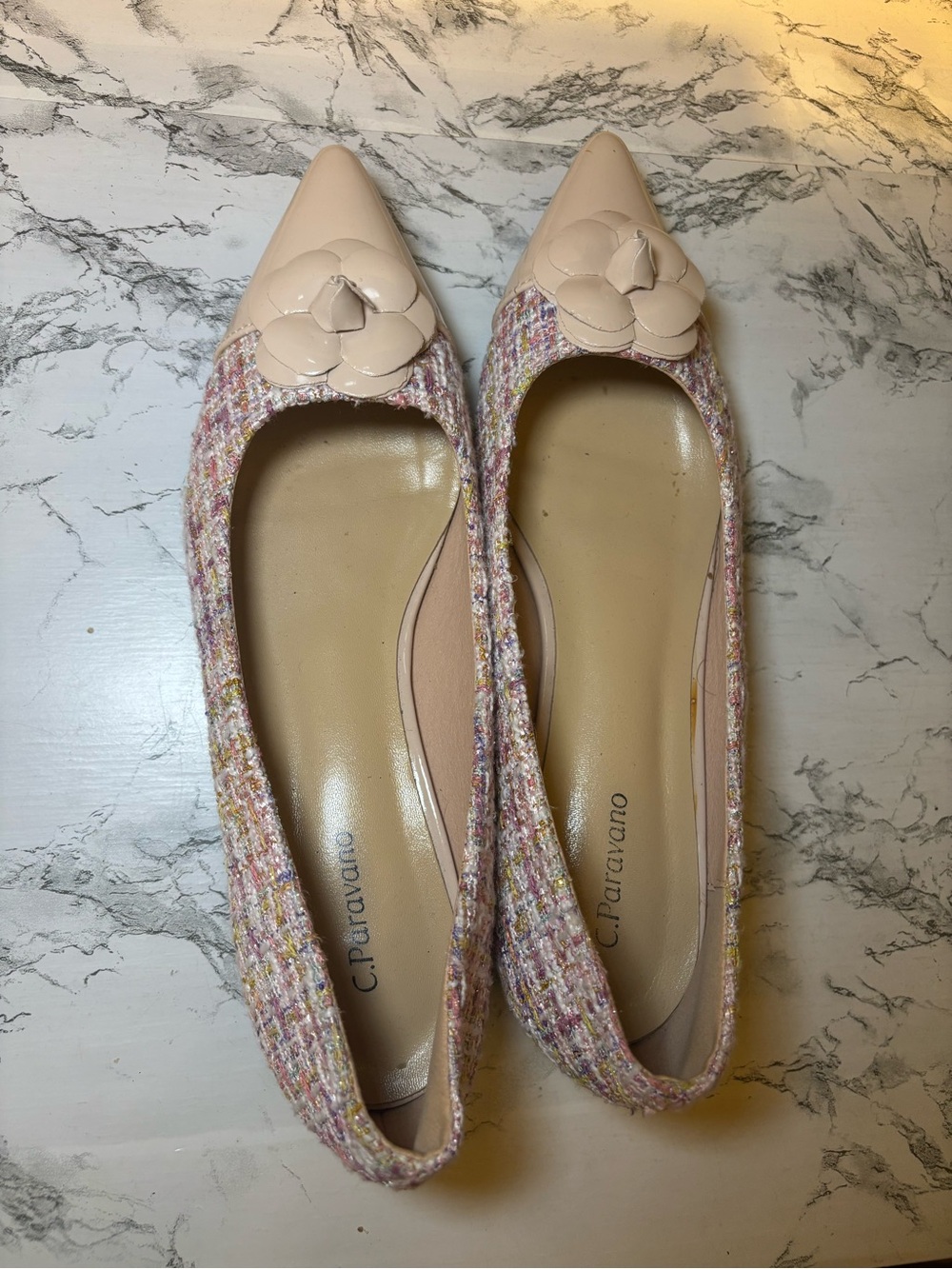 Pink Tweed Pointed-Toe Flats with Floral Accent